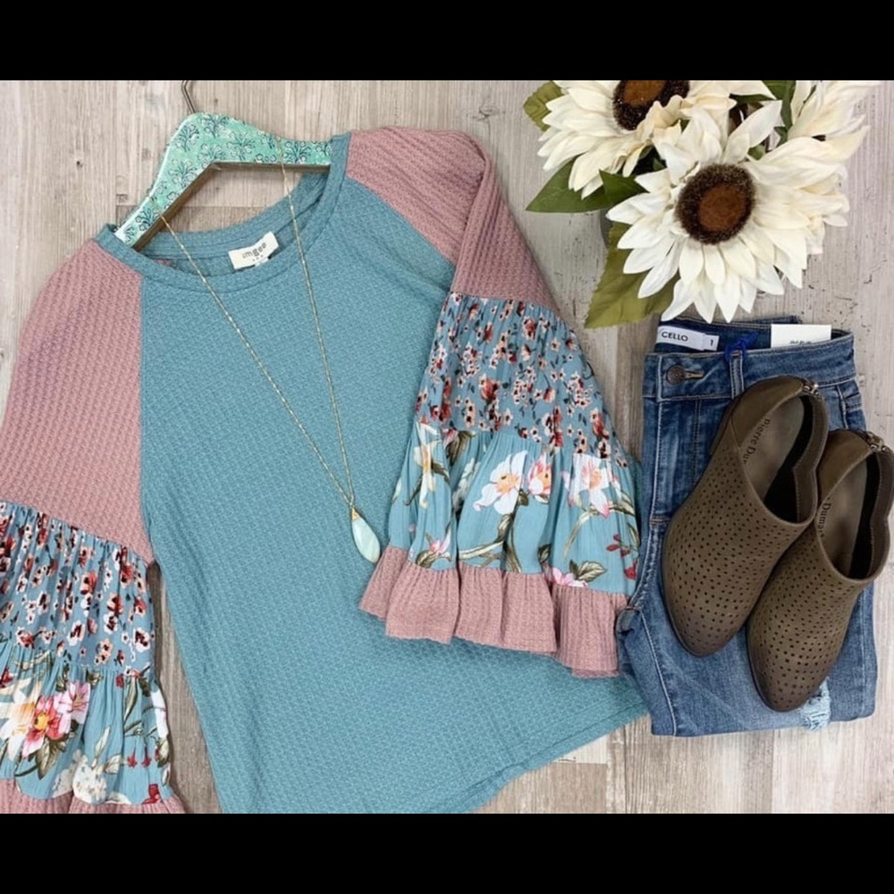 Waffle knit bell sleeve top